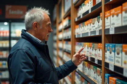 Homme examinant des cartouches de cigarettes dans un bureau de tabac en Belgique avec étiquettes de prix en euros