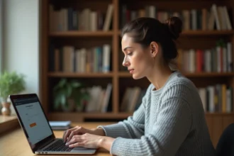 Femme sécurisant un achat en ligne sur son ordinateur portable depuis son bureau à domicile