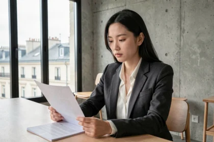 Actrice asiatique en audition dans un studio de casting parisien, révisant son script avec concentration