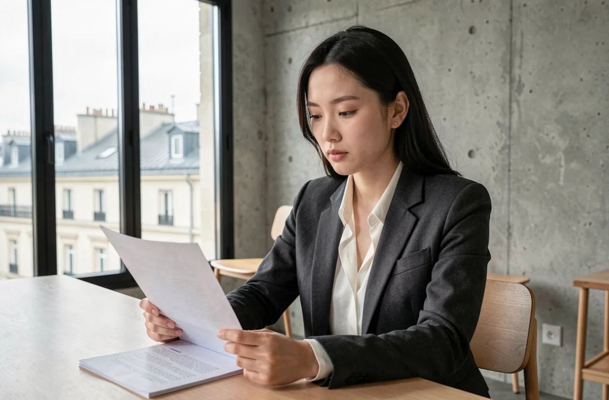 Actrice asiatique en audition dans un studio de casting parisien, révisant son script avec concentration