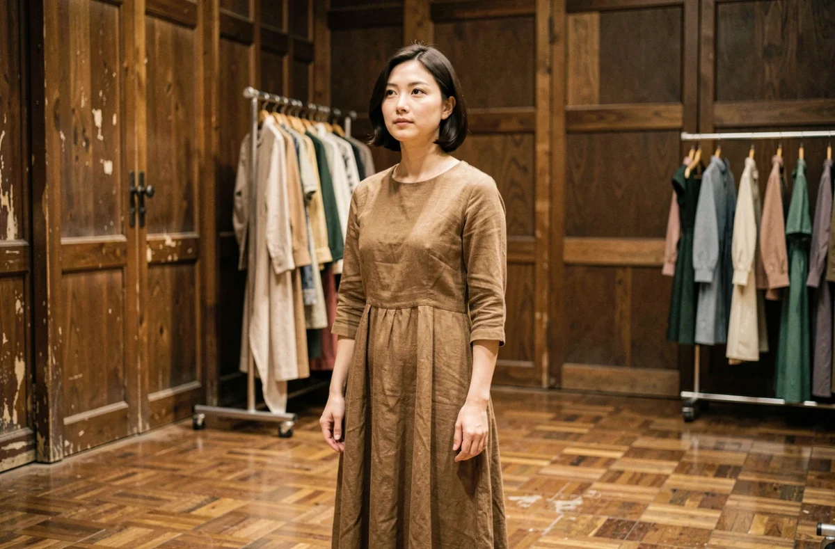 Actrice d'origine japonaise en coulisses de théâtre, posture professionnelle lors d'un casting scénique