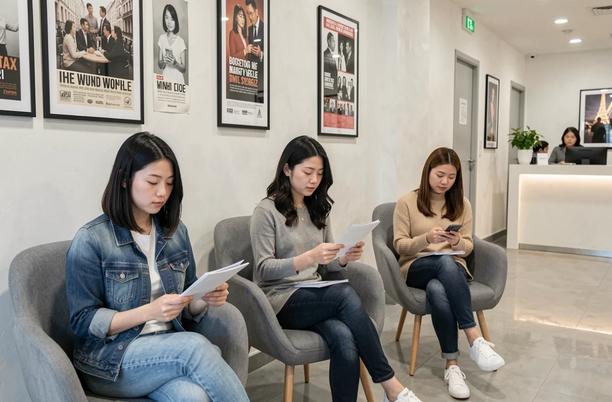 Trois actrices asiatiques en salle d'attente d'une agence de casting parisienne, diversité des origines et des profils