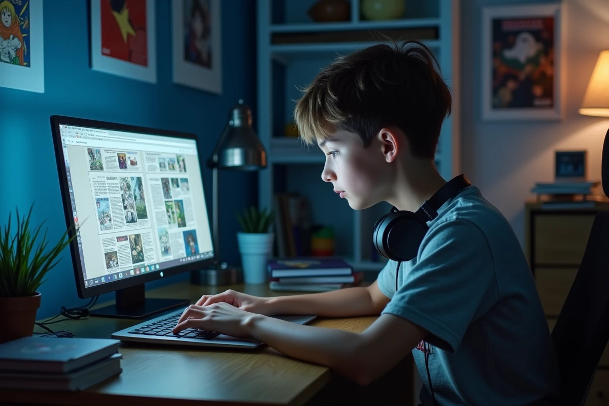Adolescent français lisant des scans manga en ligne sur ordinateur portable dans sa chambre avec des affiches anime