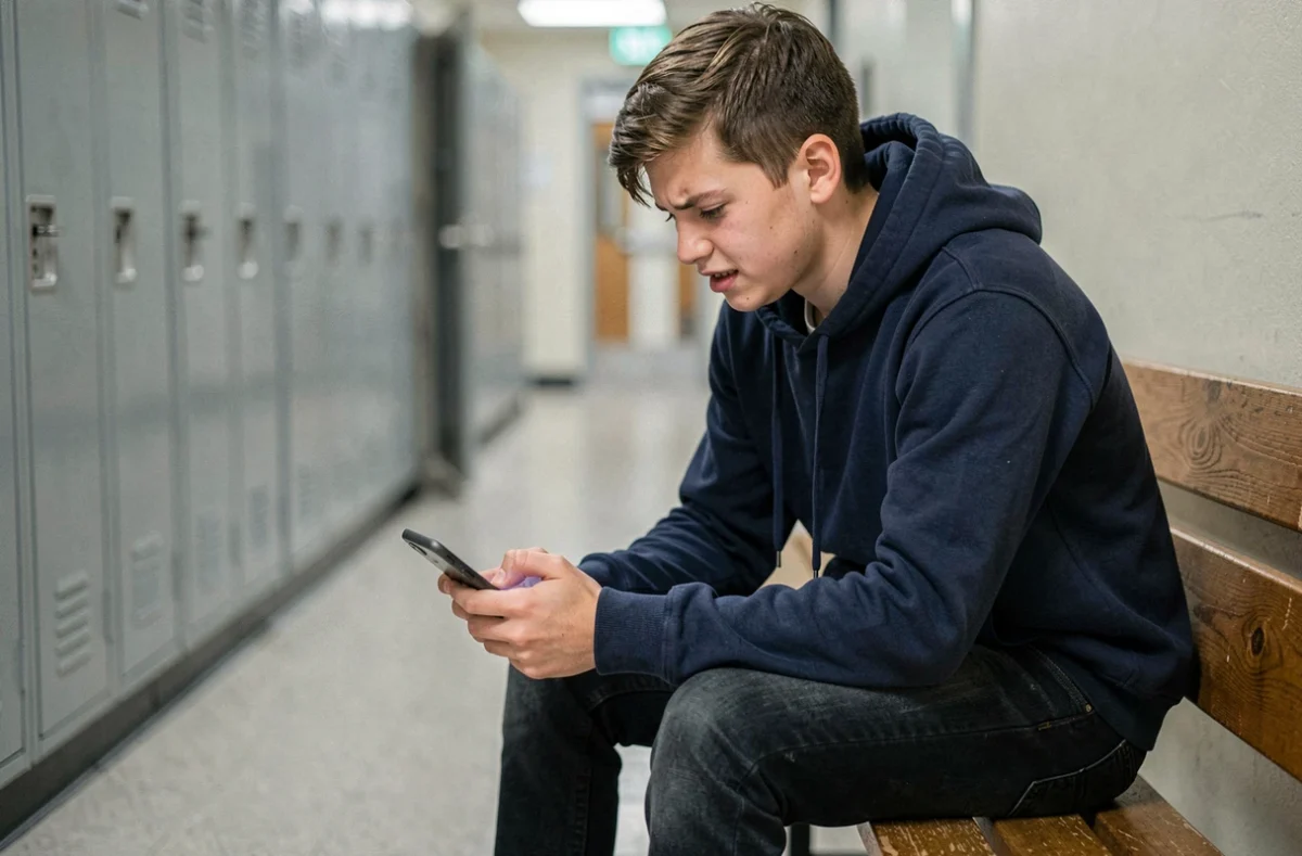 Adolescent victime de harcèlement scolaire consultant son téléphone dans un couloir d'école