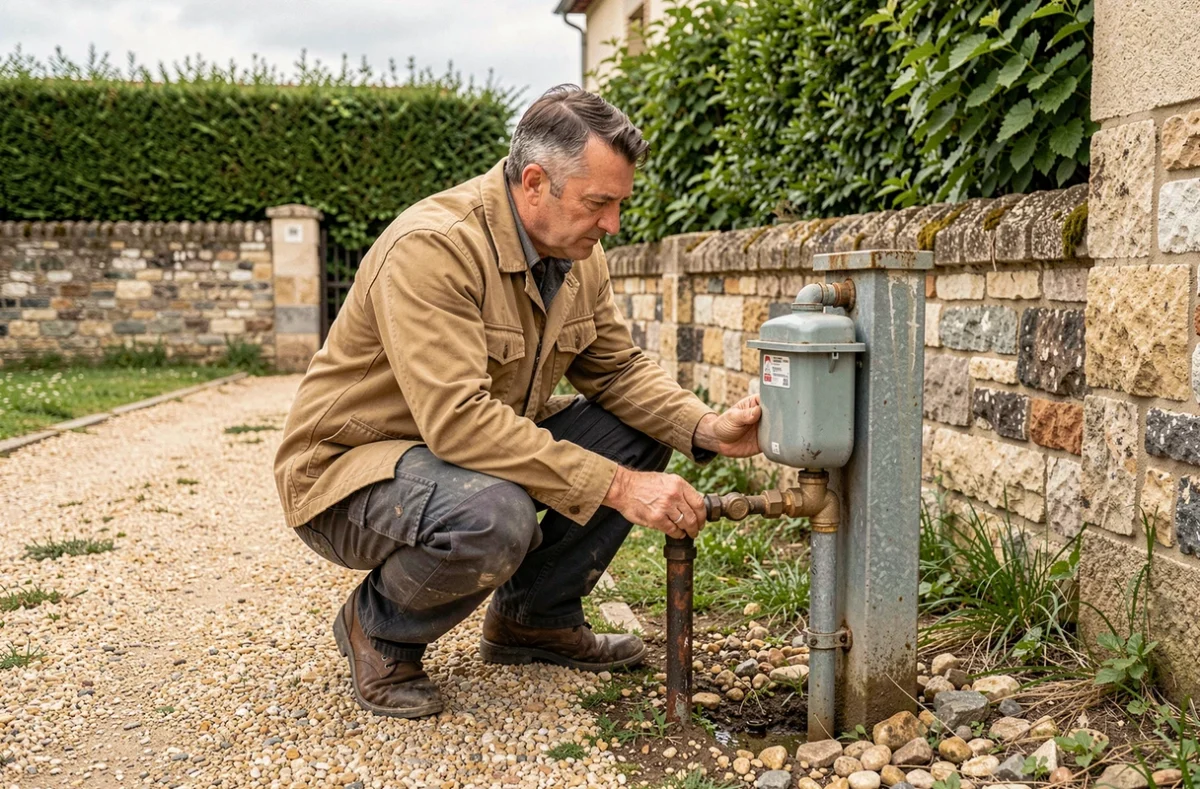 Artisan plombier d'ADP Plomberie inspectant un compteur d'eau extérieur dans une propriété de Seine-et-Marne