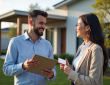 Agent immobilier souriant avec un couple devant une maison moderne