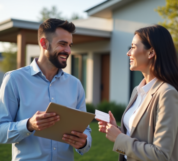 Agent immobilier souriant avec un couple devant une maison moderne