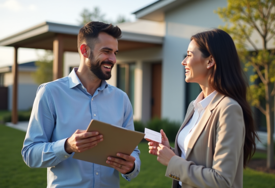 Agent immobilier souriant avec un couple devant une maison moderne