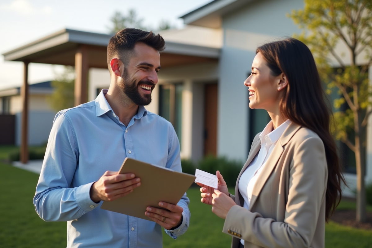 Agent immobilier souriant avec un couple devant une maison moderne