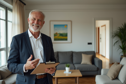 Agent immobilier souriant dans un appartement écoénergétique