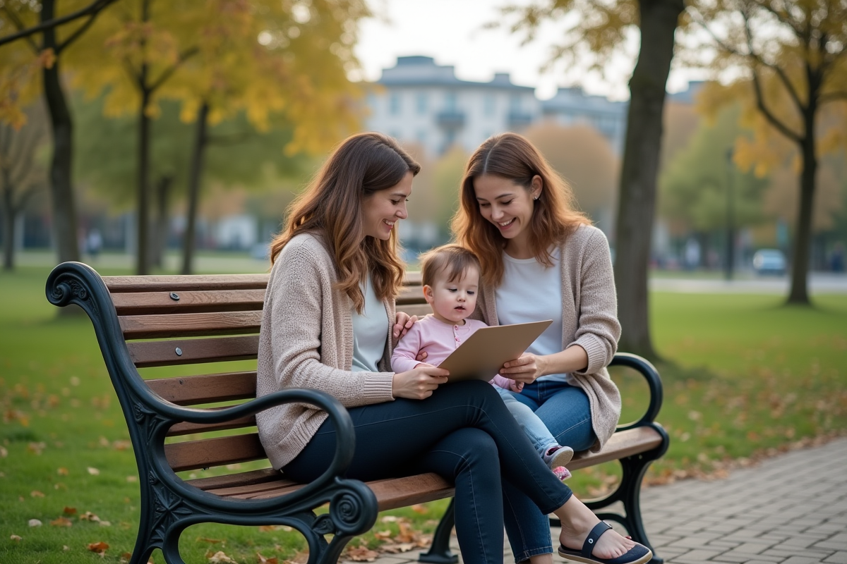 Assistante sociale parle avec mère et enfant dans un parc