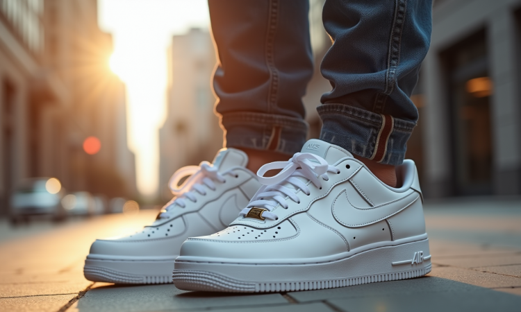 Chaussures Air Force 1 blanches en extérieur urbain