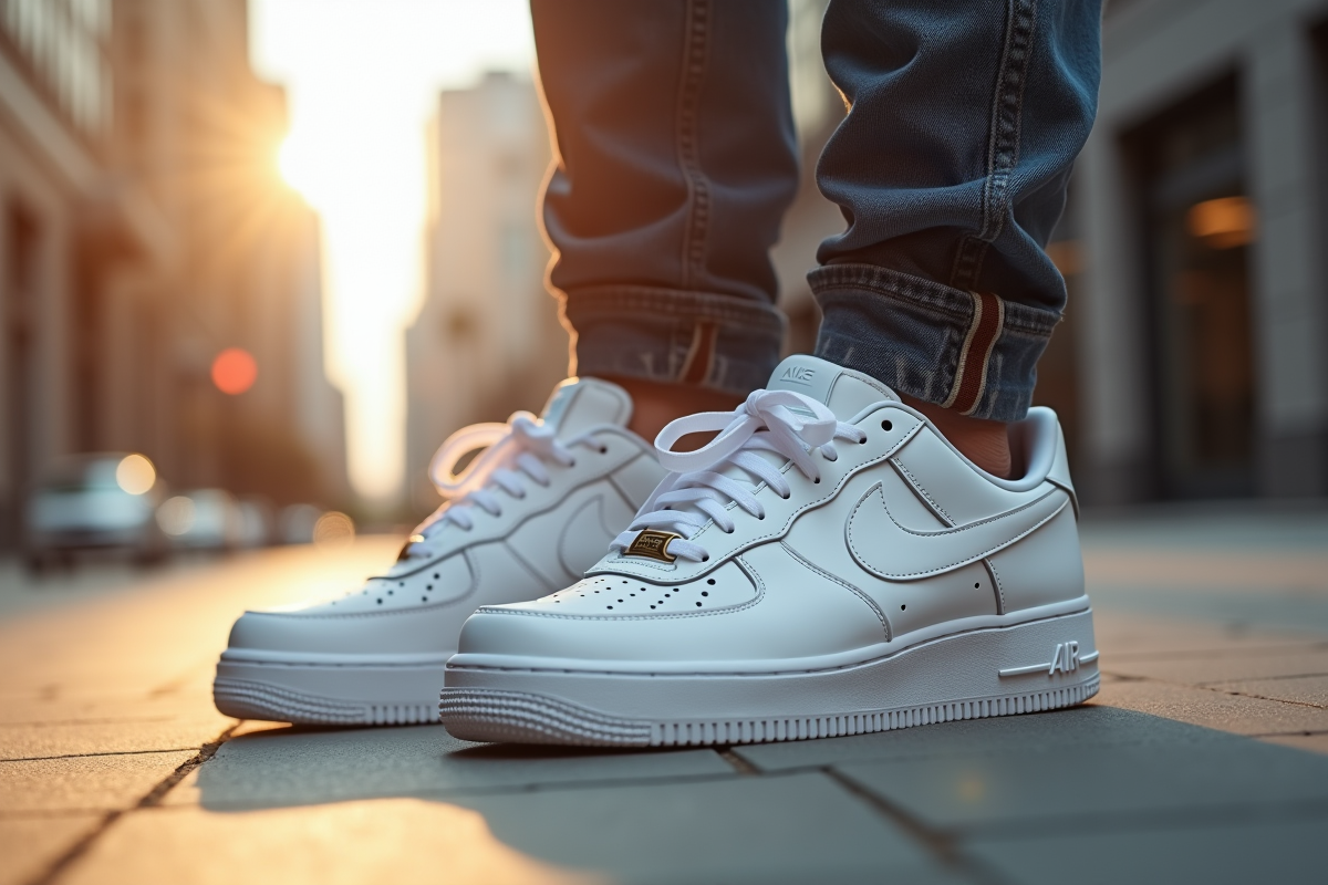 Chaussures Air Force 1 blanches en extérieur urbain