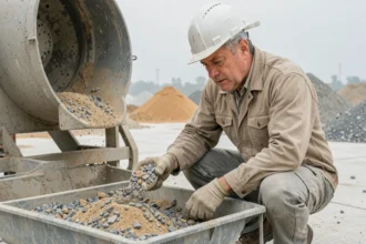 Ingénieur civil examinant des granulats pour ajuster le dosage du béton sur un chantier de construction