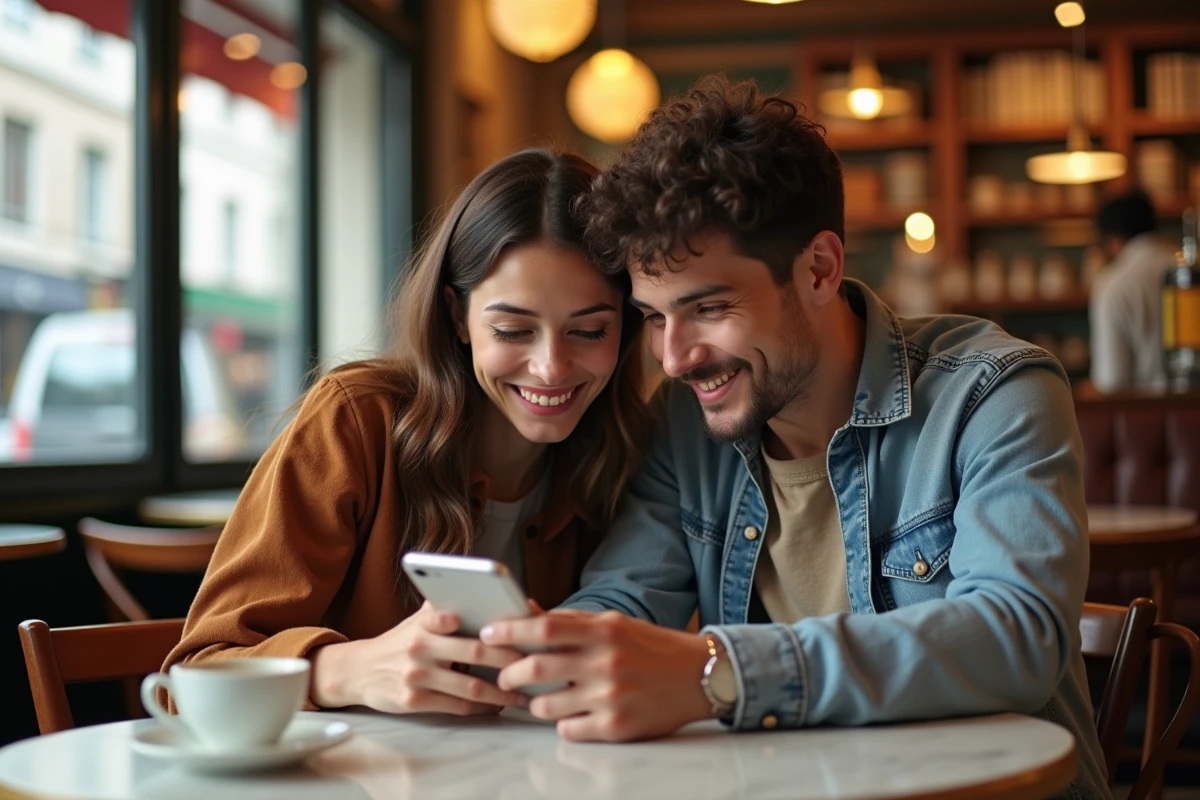 Deux amis français découvrant ensemble une plateforme de lecture manga sur smartphone dans un café parisien