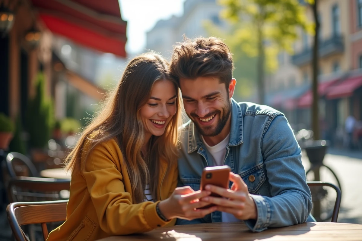 Deux amis découvrant ensemble des récompenses gratuites sur Monopoly GO à une terrasse de café en ville