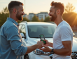 Deux amis souriants se serrant la main près d'une voiture moderne en plein soleil