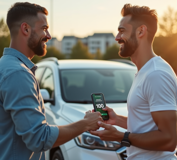 Deux amis souriants se serrant la main près d'une voiture moderne en plein soleil