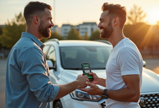 Deux amis souriants se serrant la main près d'une voiture moderne en plein soleil