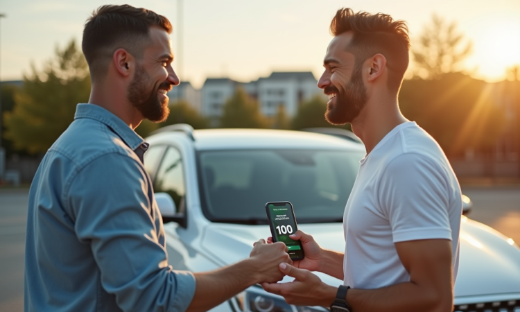 Deux amis souriants se serrant la main près d'une voiture moderne en plein soleil