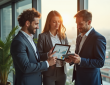 Trois professionnels analysant des graphiques de croissance sur une tablette