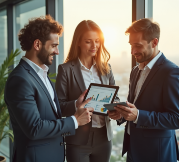 Trois professionnels analysant des graphiques de croissance sur une tablette