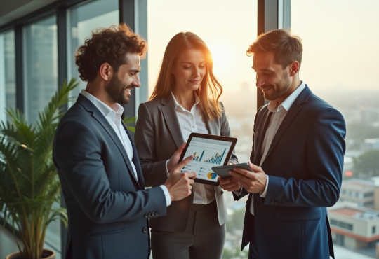 Trois professionnels analysant des graphiques de croissance sur une tablette