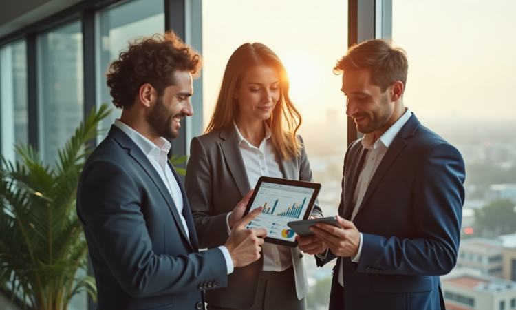 Trois professionnels analysant des graphiques de croissance sur une tablette