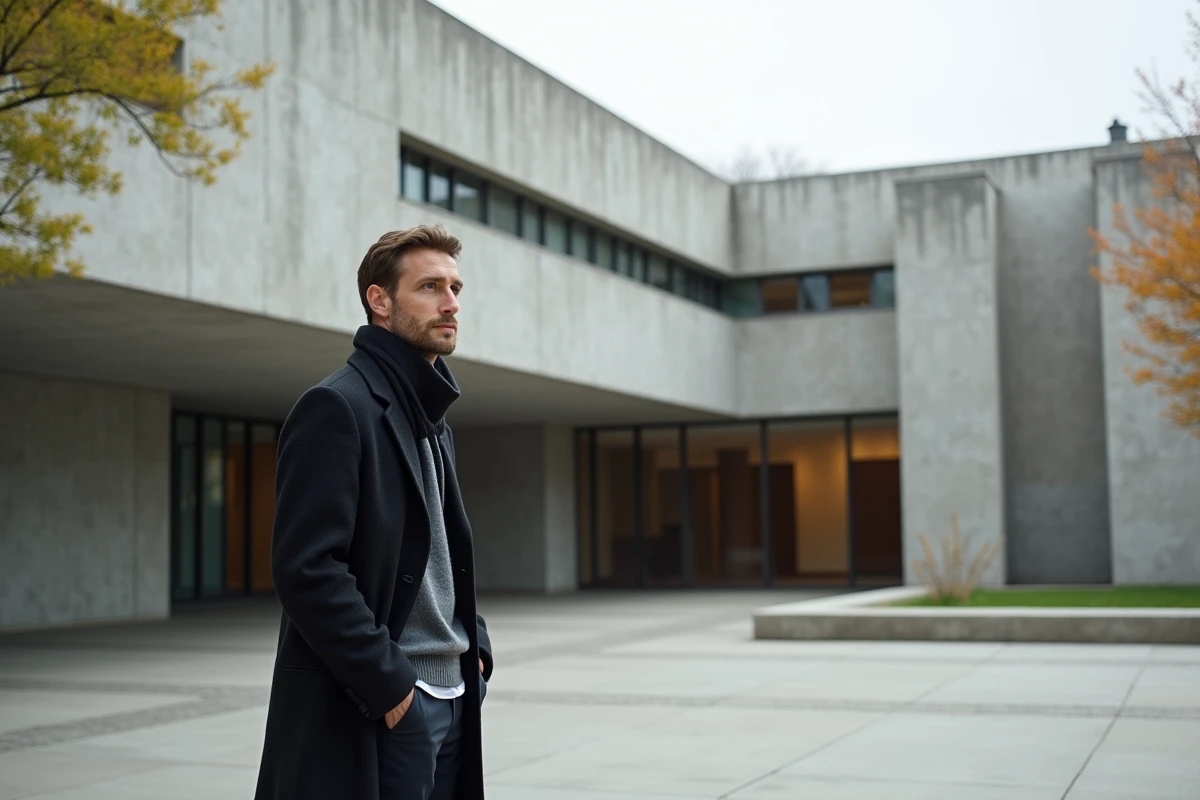 Jeune architecte devant un bâtiment en béton de Breuer
