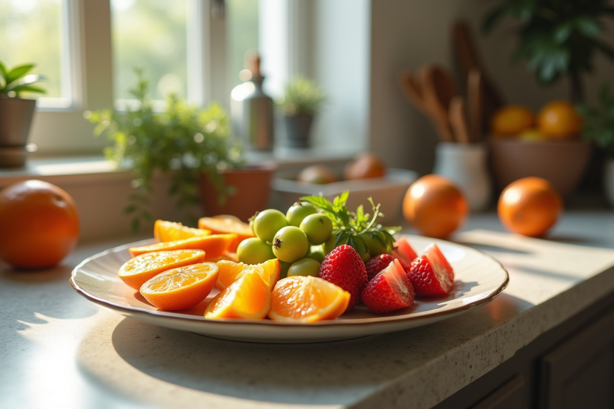 Assiette moderne avec fruits tropicaux tranchés en T dans la cuisine