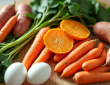 Assortiment coloré d'aliments riches en vitamines sur un plan de travail