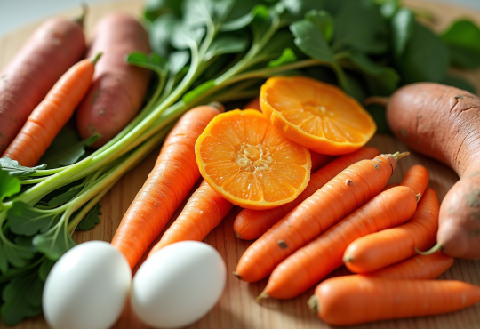 Assortiment coloré d'aliments riches en vitamines sur un plan de travail