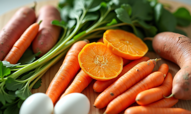Assortiment coloré d'aliments riches en vitamines sur un plan de travail
