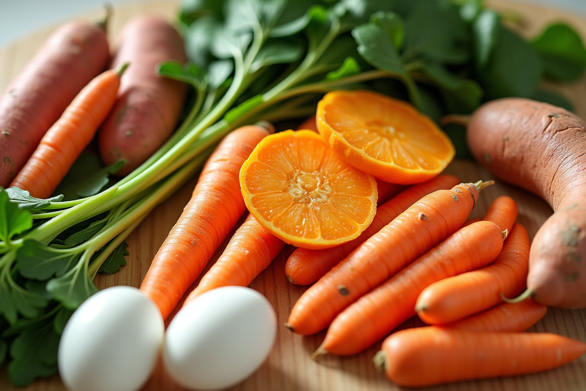 Assortiment coloré d'aliments riches en vitamines sur un plan de travail