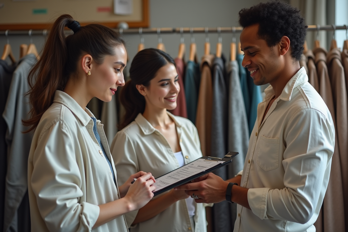 Groupe de trois personnes examinant un prototype de vêtement