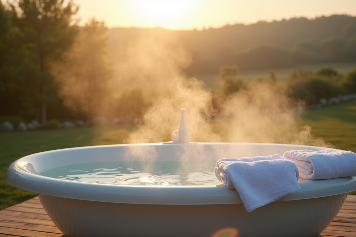 Bain extérieur avec serviettes blanches et ambiance paisible