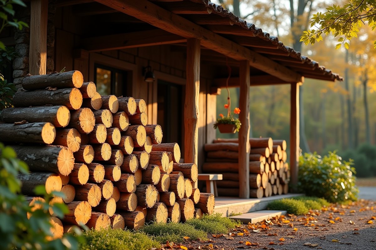 Tas de bûches fraîches devant maison de campagne en automne