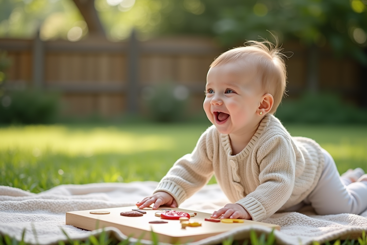 Bébé fille rampe vers un tableau sensoriel dans le jardin