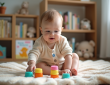 Bébé garçon assis jouant avec des gobelets colorés