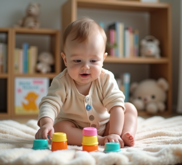 Bébé garçon assis jouant avec des gobelets colorés