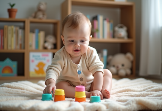 Bébé garçon assis jouant avec des gobelets colorés