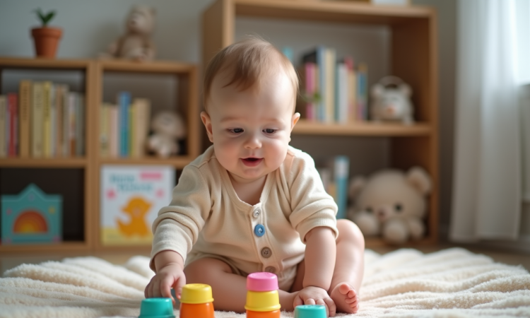 Bébé garçon assis jouant avec des gobelets colorés