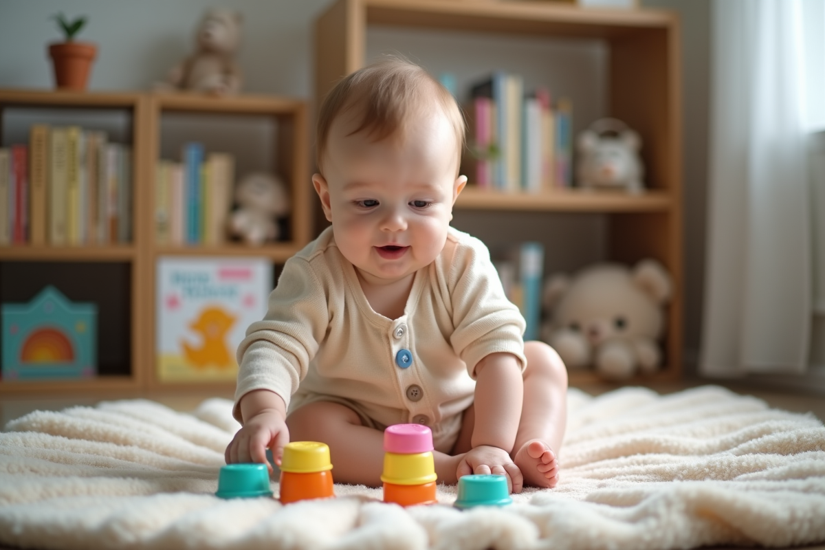 Bébé garçon assis jouant avec des gobelets colorés