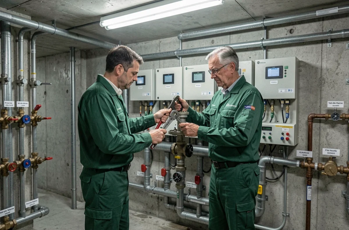 Deux plombiers de Bernard et Fils travaillant sur un réseau de plomberie dans un immeuble du Val-de-Marne