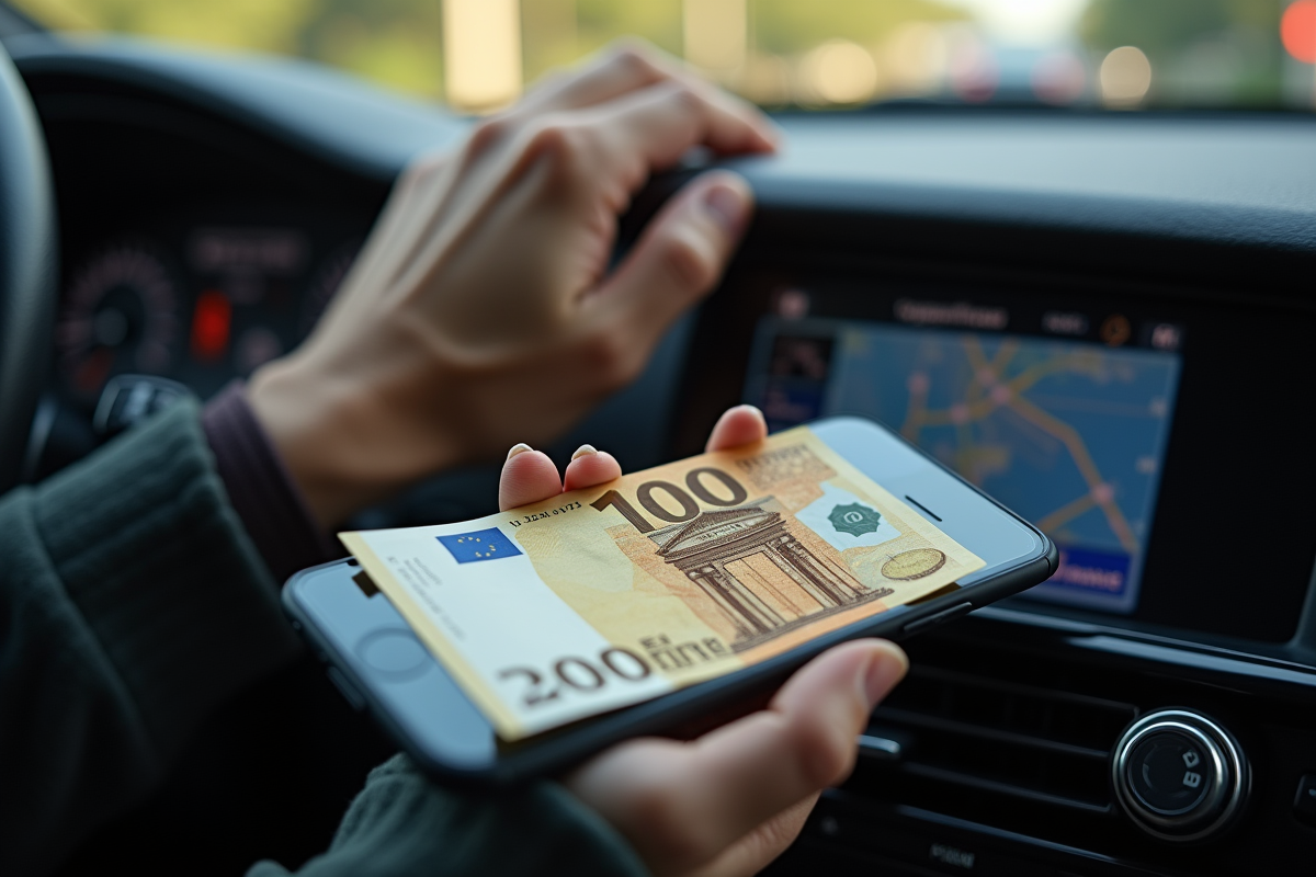 Main déposant un billet de 100 euros sur le tableau de bord avec une application de covoiturage ouverte