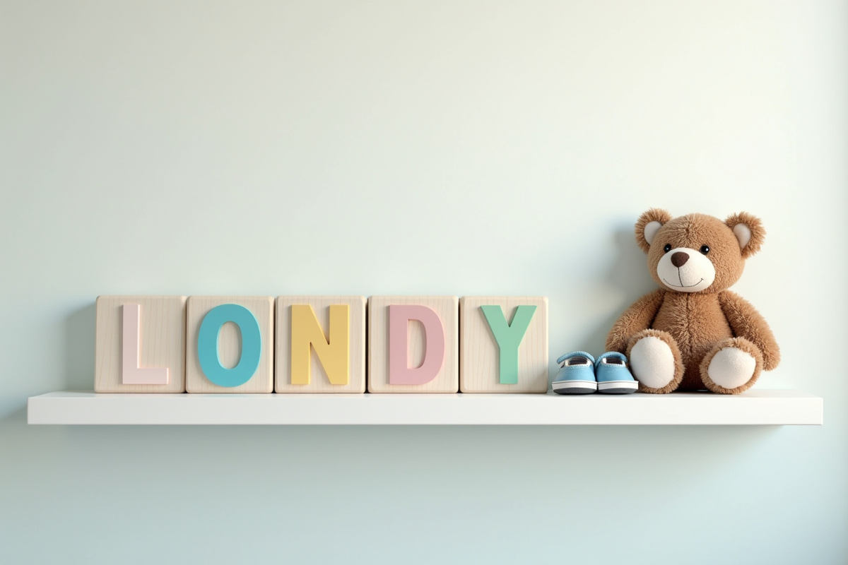Blocs de lettres colorés formant des prénoms pour bébé sur une étagère
