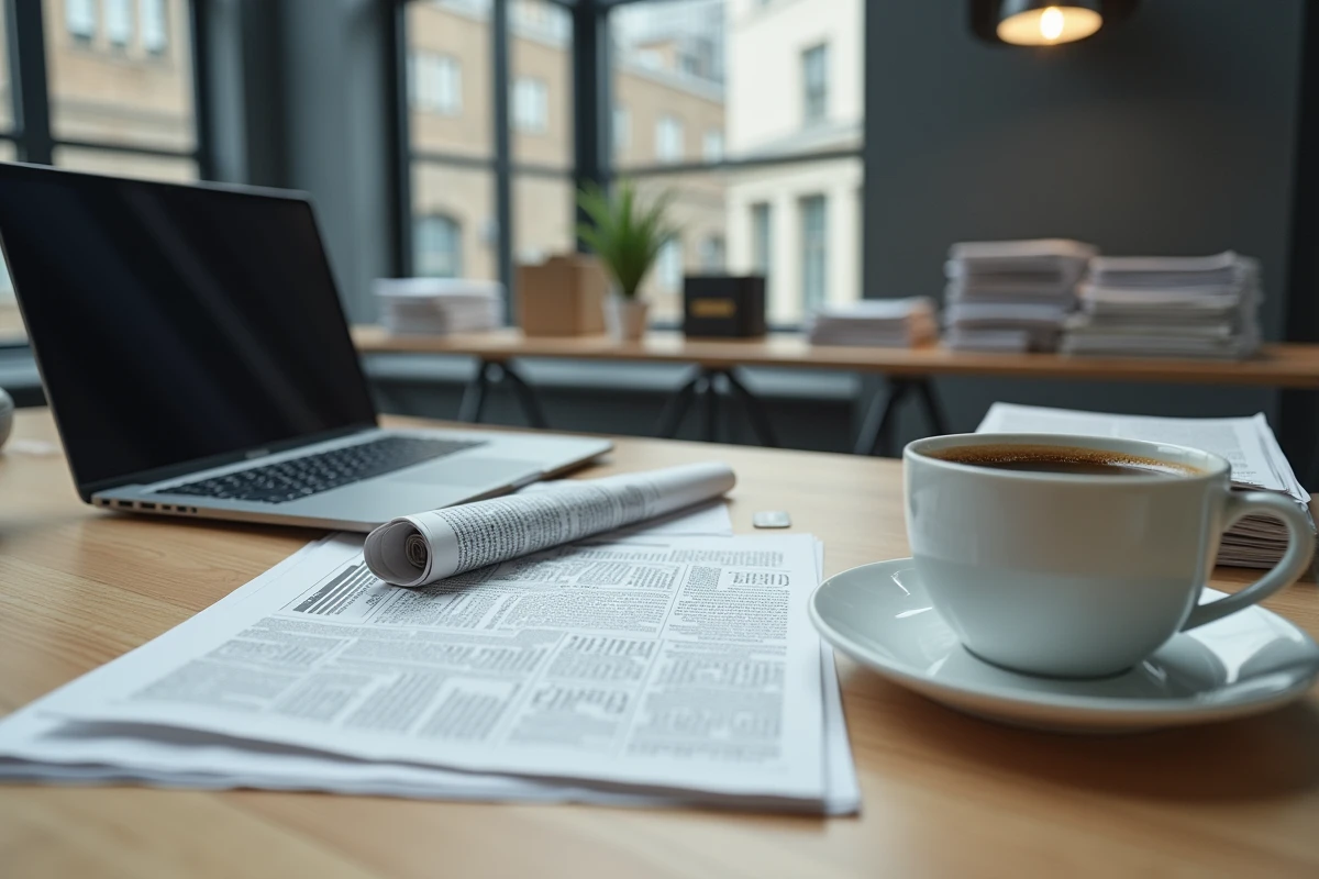 Bureau de journaliste avec ordinateur portable, articles imprimés et café, symbolisant la recherche journalistique rigoureuse et éthique