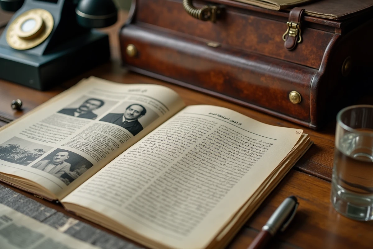 Bureau de journaliste avec documents historiques et journaux persans des années 1970, évoquant l'enquête sur la maladie secrète et la mort du Shah d'Iran