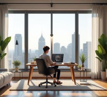 Espace de travail moderne dans un salon lumineux avec un professionnel au laptop