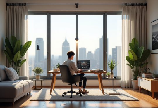 Espace de travail moderne dans un salon lumineux avec un professionnel au laptop